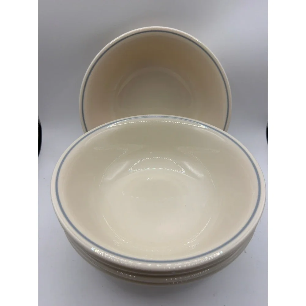 5 Corelle Corning Blue Lily Cereal Bowls 6 1/4 In. Beige With Blue Stripe